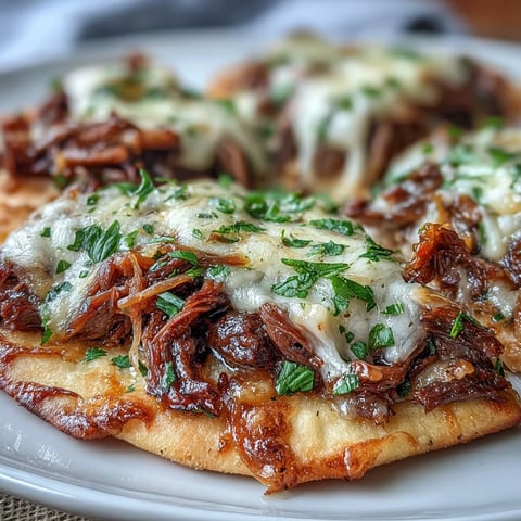 Slow-cooked beef chuck roast, shredded and piled onto warm garlic naan, topped with provolone and mozzarella for an epic melt.