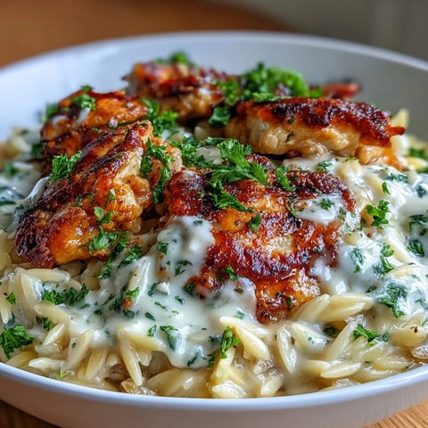 Golden-brown chicken pieces glisten in a creamy garlic Parmesan sauce, mingling with tender orzo pasta in a deep skillet.
