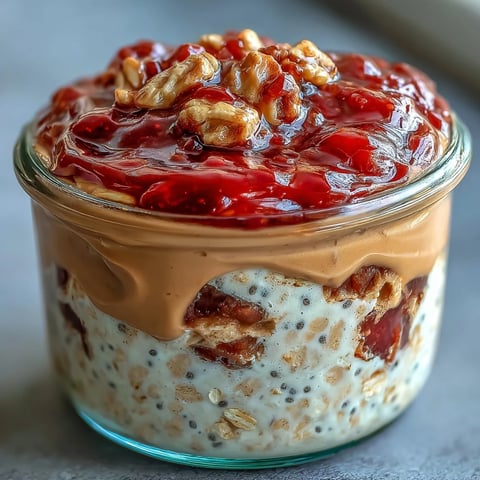 Layered High-Protein Peanut Butter & Jelly Overnight Oats in a glass jar with a vibrant strawberry jam swirl.