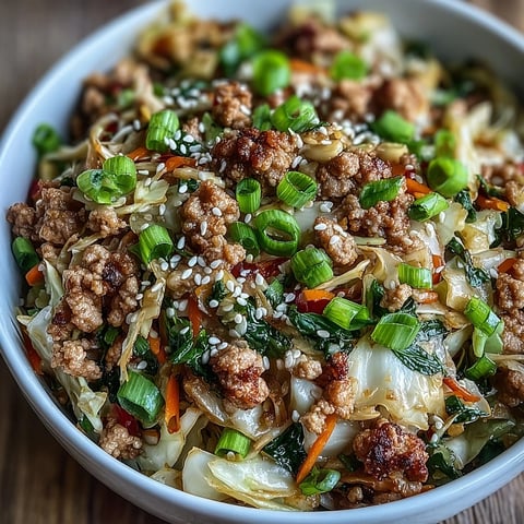 Golden Keto Egg Roll in a Bowl with Ground Turkey and Sesame Oil served steaming hot in a white bowl, garnished with fresh green onions and sesame seeds.