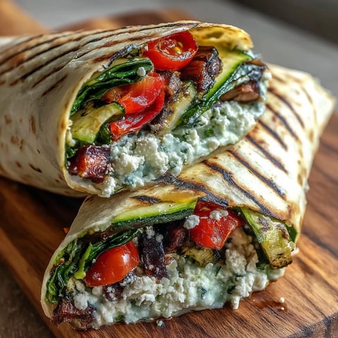 Golden-brown Mediterranean Grilled Vegetable Wraps filled with smoky charred zucchini, bell peppers, and creamy hummus.