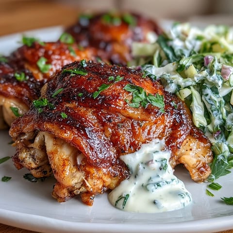 Golden-brown crispy chicken thighs roast alongside a vibrant bowl of fresh green and red cabbage slaw.