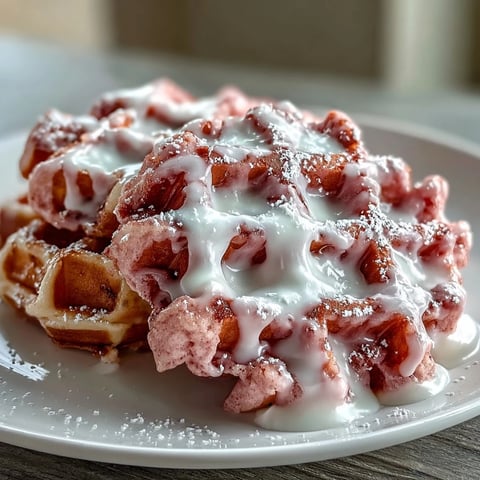 Fluffy pink velvet waffles with cocoa undertones, topped with a rich cream cheese drizzle for a sweet brunch treat.  