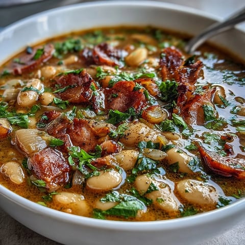 A steaming bowl of ham and lima bean soup, filled with tender beans, diced ham, and colorful vegetables in a savory broth.