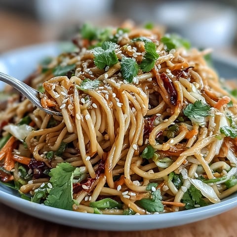 Asian Sesame Noodle Salad with Peanut Dressing served in a large bowl, garnished with cilantro and sesame seeds.  