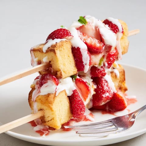 Stacked Strawberry Shortcake Skewers show a perfect summer dessert, easy for dipping in cream.
