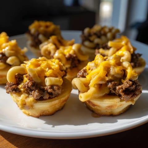 Close-up of cheesy Mac and Cheese Cheeseburger Cups, a comfort food mashup.
