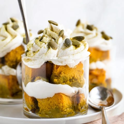Layered Matcha Pumpkin Muffin Trifles, showcasing vibrant colors and decadent flavors of fall.  