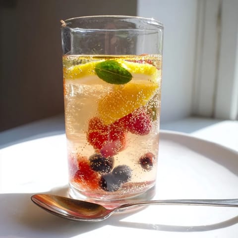 Colorful kombucha-style mocktails served over ice, garnished with fresh herbs and citrus slices.  