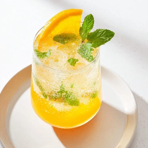 Homemade probiotic soda mocktail served over ice, garnished with fresh orange slices.  