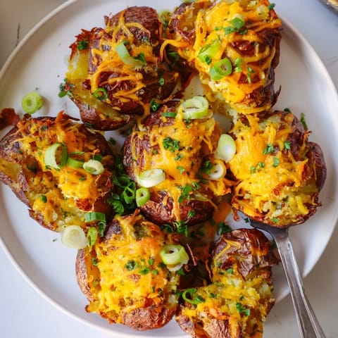 Golden potatoes smashed for texture, loaded with green onions and savory cheese goodness.  