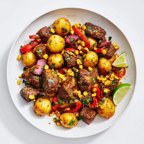 This flavorful Southwest Steak & Potato Skillet features tender steak, colorful peppers, and smoky spices.