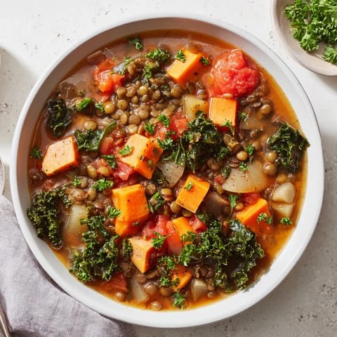 Close-up of a flavorful Winter Vegetable & Lentil Soup, rich with herbs and tender lentils.