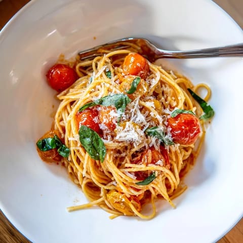 Close-up of freshly made Lazy-Girl Pasta, featuring juicy cherry tomatoes and fragrant garlic.