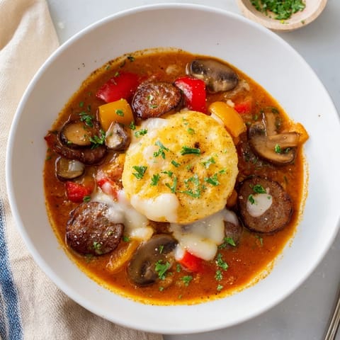 This visually appealing Pizza Pot Pie Soup mashup captures the savory mix of flavors and textures in each spoonful.