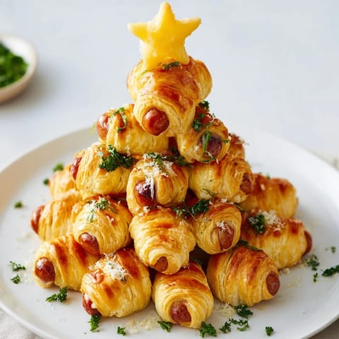 A close-up of a crispy Express Pigs in Blanket Christmas Tree, adorned with fresh parsley and a golden crust.