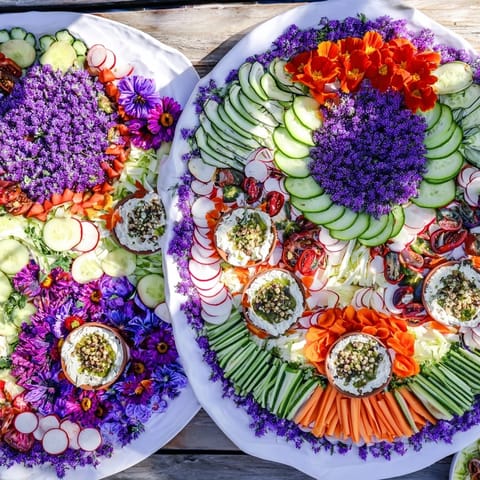 Fairy Garden Platter with vibrant edible flowers, fresh veggies and creamy dips ready to enjoy!