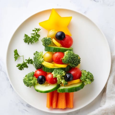 Festive Tree Cucumber Tomato Platter with vibrant tomatoes and fresh herbs, ready to serve!
