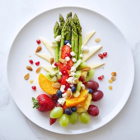 A beautiful, colorful Asparagus Stem Floral Fruit Board showcasing vibrant seasonal fruits ready to enjoy.