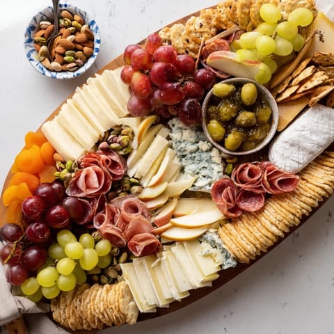 The Elegant Gilded Edge appetizer featuring vibrant cheeses, meats and fruits, circling a sleek serving board.