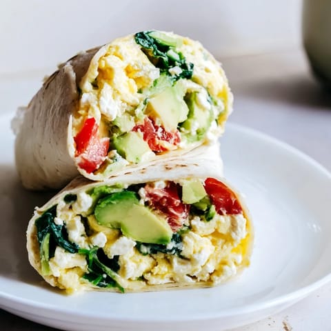 A close-up shot of a savory feta egg wrap, overflowing with creamy eggs and vibrant vegetables.