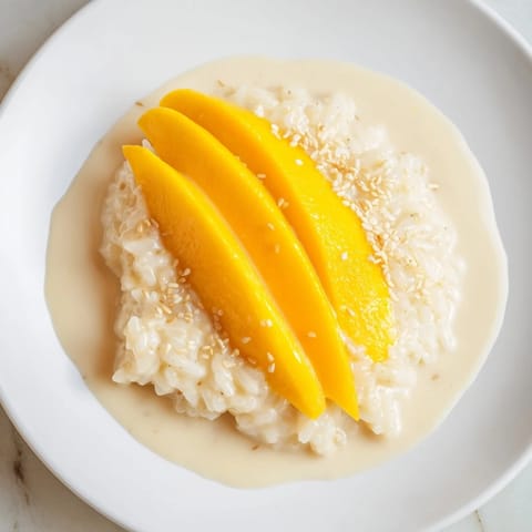Creamy coconut milk blankets the delicious Thai Mango Sticky Rice, garnished with toasted sesame seeds.
