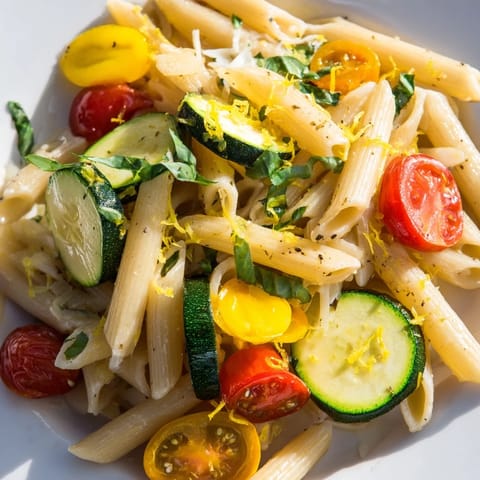 A skillet of Garden Veggie Pasta featuring yellow squash, ripe tomatoes, and aromatic garlic, tossed with Parmesan and a hint of red pepper flakes.
