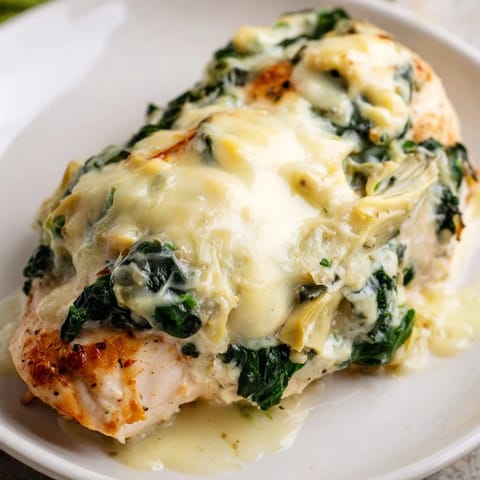 Juicy Spinach & Artichoke Chicken Bake is served warm alongside fluffy rice and a crisp green salad.  