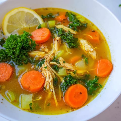 Spoon dipping into a steaming bowl of High Protein Lemon and Turmeric Chicken Soup, garnished with fresh dill and a sprinkle of black pepper.
