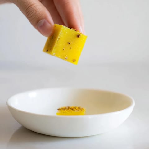 Golden Lemon Ginger Turmeric Wellness Cubes frozen in a clear ice cube tray, ready to add to hot tea or smoothies.