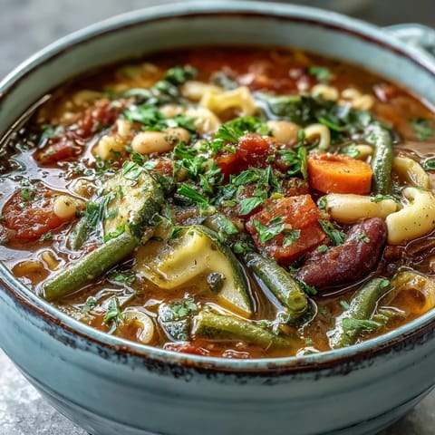 A close-up of a bowl of Minestrone Soup, garnished with fresh parsley, cannellini beans, and small pasta.