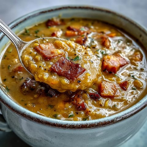A warm bowl of Split Pea and Ham Soup, garnished with fresh parsley and a side of crusty bread.