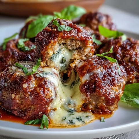 Cheesy, Garlicky Meatballs With Marinara over spaghetti, garnished with fresh basil and Parmesan.