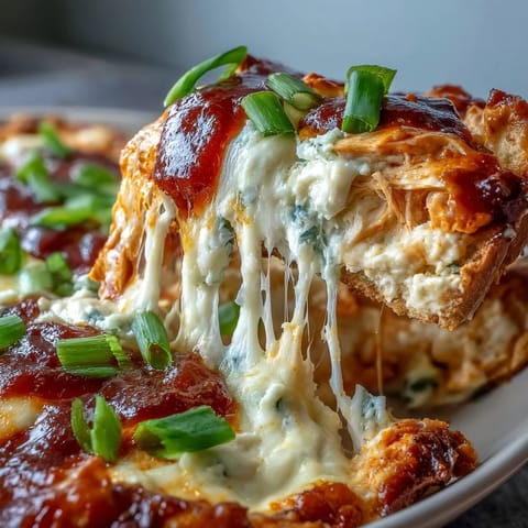 Steaming Crock Pot Buffalo Chicken Dip topped with melted cheese and scallions, served with celery sticks.