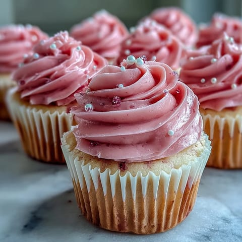 Moist, blush-pink Pink Velvet Cupcakes with piped vanilla buttercream swirls, perfect for birthdays and showers.