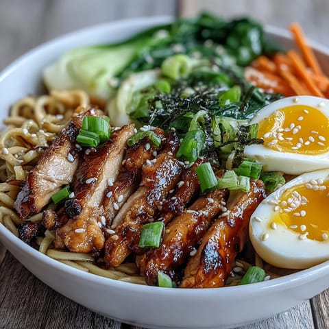 Healthy Miso Chicken Noodle Bowls in a white ceramic bowl, featuring tender chicken, chewy soba noodles, crisp bok choy, and a savory miso broth topped with sesame seeds.