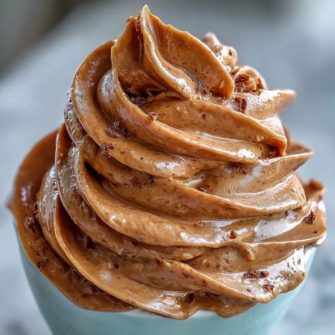 A close-up of creamy Hojicha Ice Cream in a rustic bowl, highlighting its rich caramel-brown color and smooth, velvety texture.
