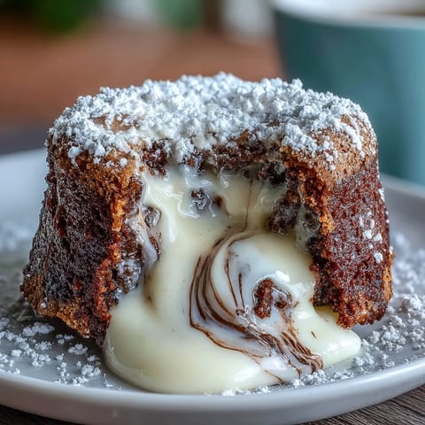 Molten white chocolate and hojicha lava cake, sliced open to reveal its creamy, warm center topped with berries.