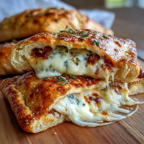 Close-up of a High Protein Pizza Hot Pocket with a broken piece revealing gooey cheese and rich red sauce.