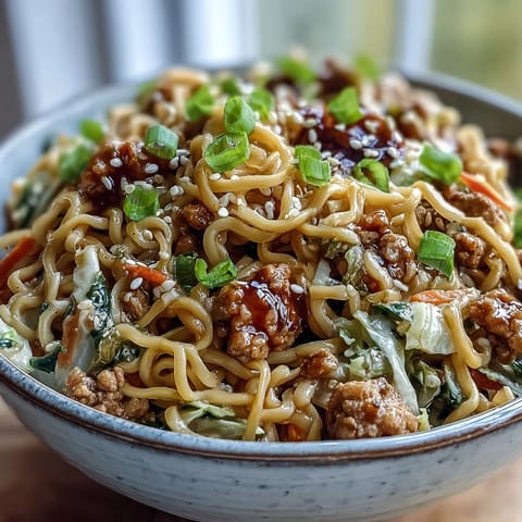 Golden noodles and turkey in a glossy sesame sauce, a quick weeknight stir-fry inspired by potsticker flavors.