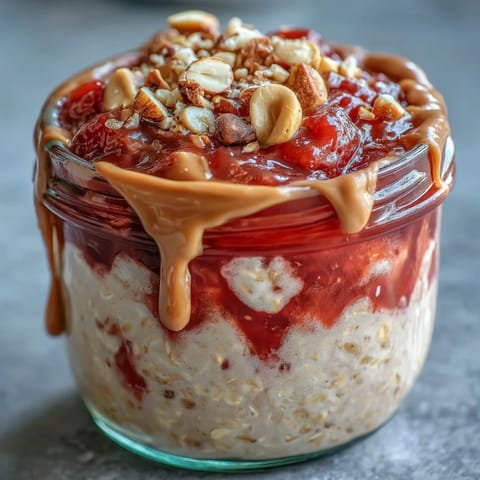 Two jars of creamy, layered High-Protein Peanut Butter & Jelly Overnight Oats topped with fresh strawberries and a peanut butter drizzle.