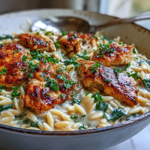 Golden seared chicken pieces and tender orzo in a creamy garlic Parmesan sauce, garnished with spinach and parsley in a rustic skillet.