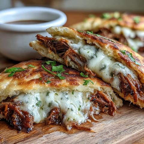 Golden garlic naan folded around Slow Cooker Beef & Garlic Naan Melt, served with rich au jus for dipping.