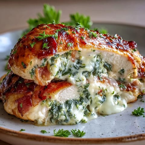 Freshly baked Keto Spinach and Bacon Stuffed Chicken Breasts with Garlic Butter resting in a ceramic baking dish.
