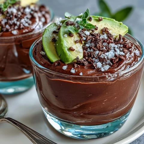 This Vegan Chocolate Avocado Mousse Cup is garnished with extra cacao nibs, showcasing its creamy texture and inviting sea salt crunch.