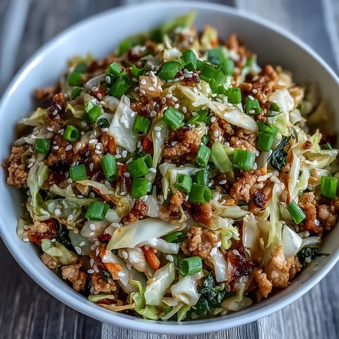 A close-up of Keto Egg Roll in a Bowl with Ground Turkey and Sesame Oil, featuring sautéed cabbage, carrots, and savory crumbled turkey tossed in rich sesame oil.