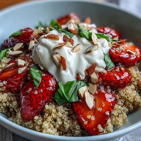 A vibrant Strawberry Basil Breakfast Quinoa Bowl topped with sliced strawberries and fresh basil, drizzled with vegan honey.