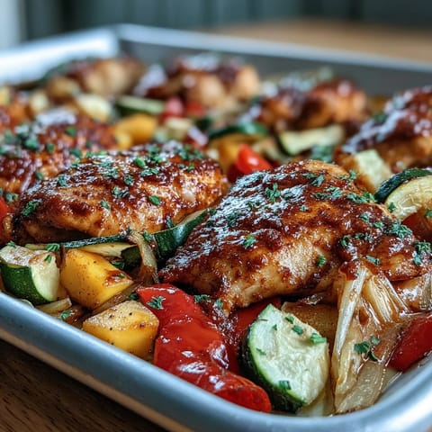 Spicy chili-marinated chicken breasts baked with sweet mango, bell peppers, and zucchini for a vibrant, healthy summer dinner.  