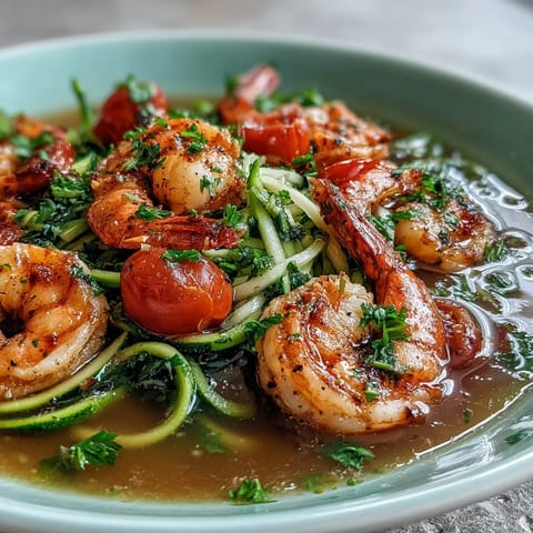Bright and healthy 15-Minute Zucchini Noodle Shrimp Bowl with Lemon-Garlic Broth, featuring juicy shrimp and fresh zucchini in aromatic lemon-garlic broth.