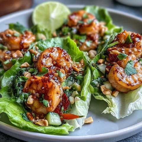 Asian-inspired shrimp lettuce cups filled with tender shrimp, crunchy veggies, and drizzled with rich peanut sauce for vibrant flavor.  